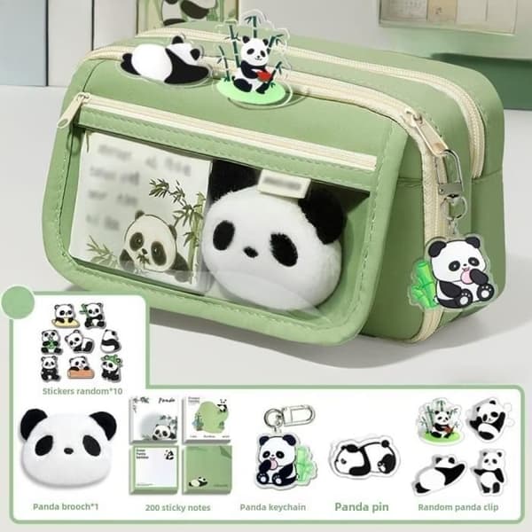 Pencil Case - Panda - Grøn - Med lynlås - Unisex - Til børn