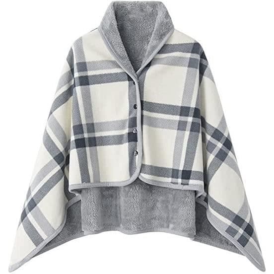 Fleeceponcho for kvinner, pleddfleece-sjal, varm vinterkappe med knapper, rutete teppe