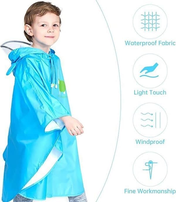 (Blå) Regnponcho for barn, vanntett regnfrakk med hette Blue L