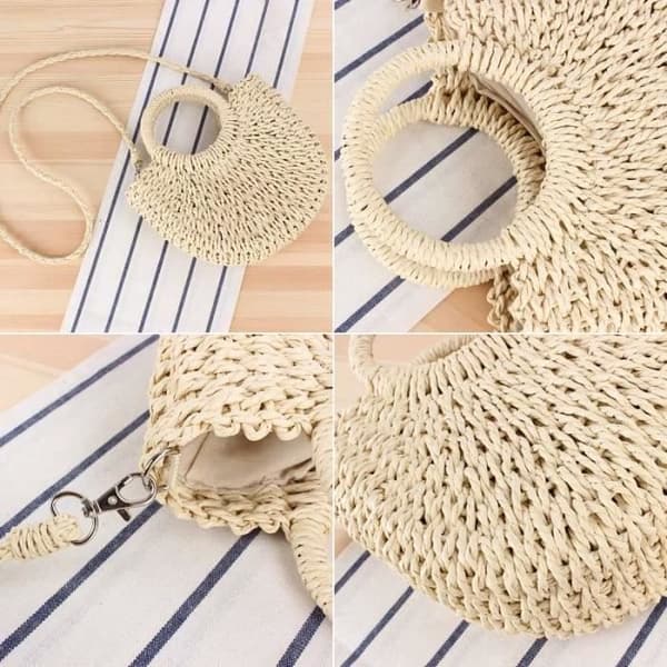 (Beige) Strandväska - Dam - Beige - Handvävd rotting - Foder av bomull-polyester - 24x26x8cm Beige