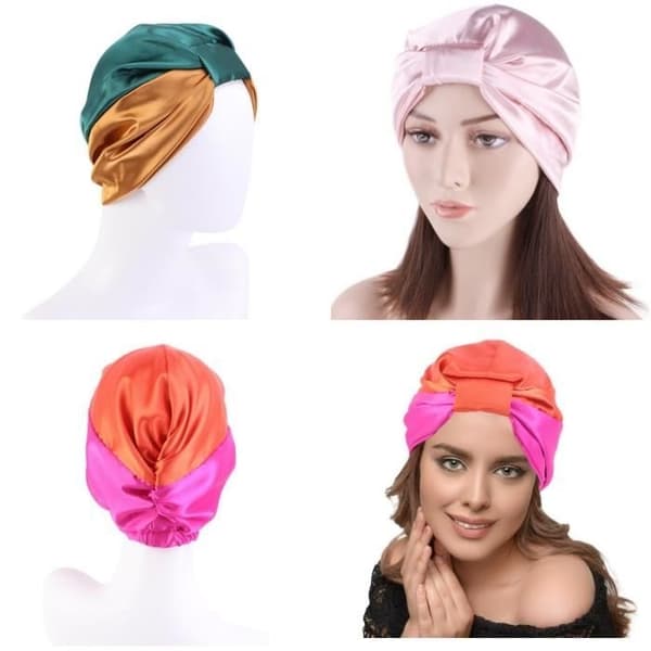 Natkappe, dobbeltlags bindebånd-sovehætte, satin brusehætte, elastisk nathætte, sovehat (3 stk)