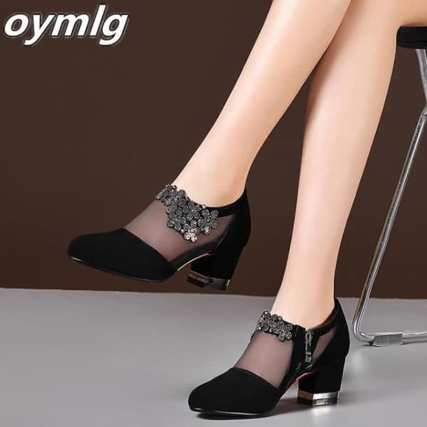 (43-Sort) Åndbare mesh-pumps til kvinder med tykke hæle og spids tå - Sort Black 43