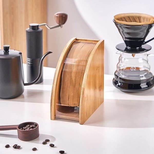 Kaffefilterholder i bambus, opbevaringsstativ til kaffepapir, kaffedispenseringsstativ, beholderholder