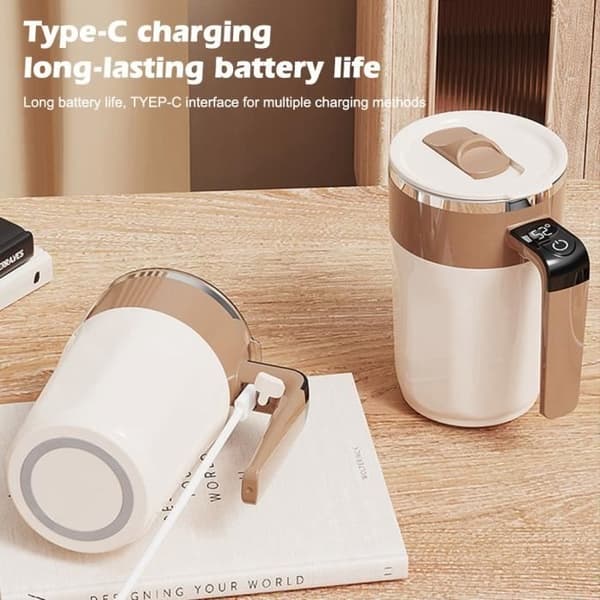 Automatisk magnetisk omrörande kaffemugg - vit - 400ml - Påfyllningsbar - med LCD-termometer - självblandande mugg