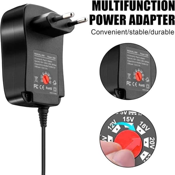 Universal Strømadapter 41W Universal AC til DC 6V 9V 12V 15V 18V 20V 24V 1A 1.5A 2A, Universal Strømadapter