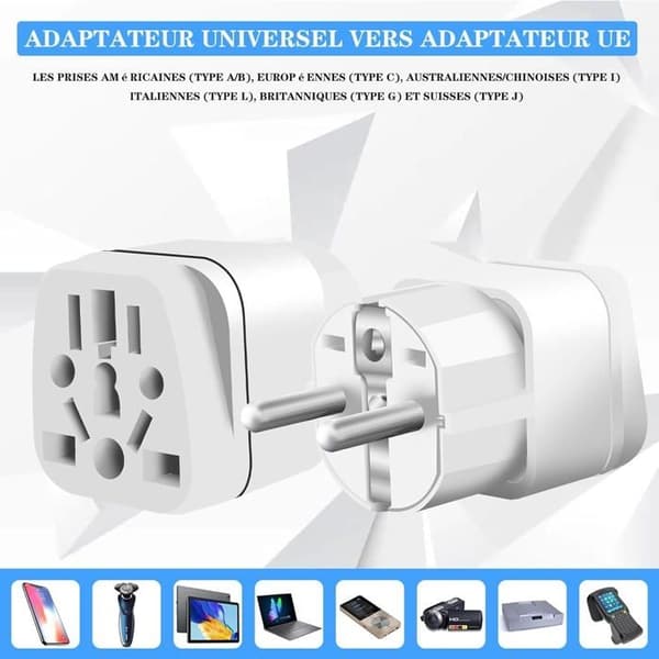 (Hvit) 2 stk. reiseadapter, universell pluggadapter, UK til Frankrike pluggadapter, USA til Frankrike pluggadapter White