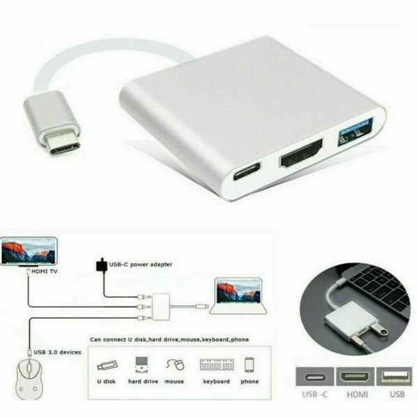 Type C vs HDMI USB 3.0 USB-C kabeladapter 3 i 1 Hub Windows Apple Macbook