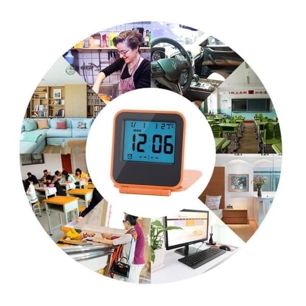 Bærbart foldbart digitalt rejse-bordur med temperatur, dato, orange -GUA
