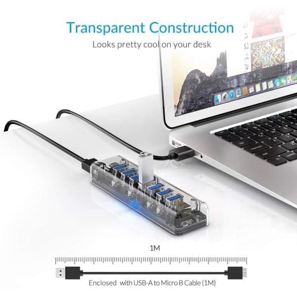 ORICO USB 3.0 Hub, 7 transparente USB 3.0-porter med blå indikatorlampe og to strømporter, 1M USB A til B-kabel