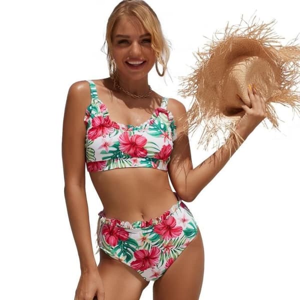 (m-Vit) Dam Bikini - Blomtryck - Märke - Modell - Snörning Volanger - Vit White m