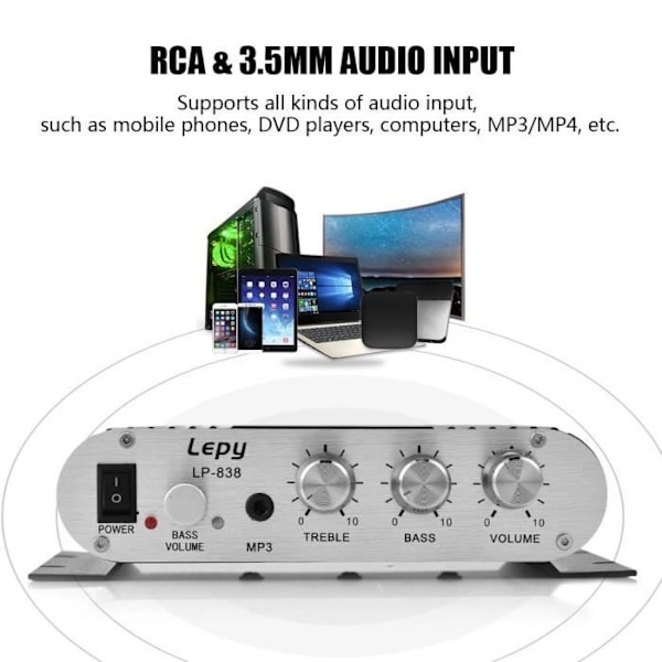 (Sort) LP-838 Mini Digital Stereo Forstærker til Bil, 2.1 Bas - Sort Black