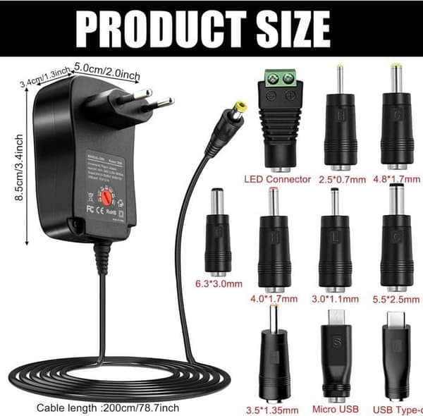 Universal Strømadapter 41W Universal AC til DC 6V 9V 12V 15V 18V 20V 24V 1A 1.5A 2A, Universal Strømadapter