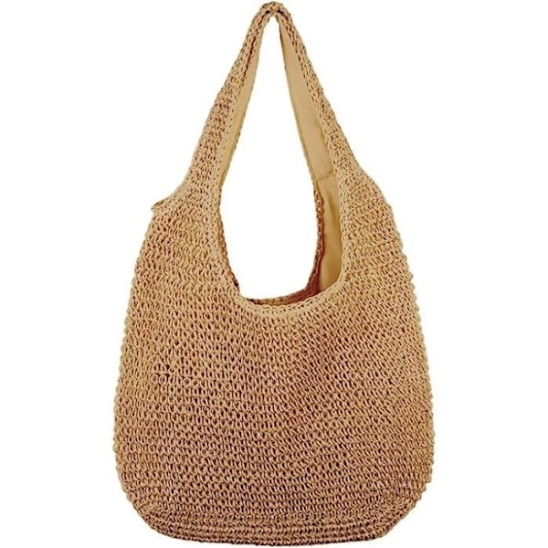 (Khaki) Strandväska - Dam - Halm Hobo - Khaki - 44x32x2 cm - Polyesterfoder Khaki