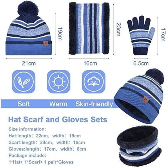 (Blå) Mössa, halsduk och handskar set - Unisex - Akrylstickning - Fleecefoder - Vinter - Åldrar 2-7 blue