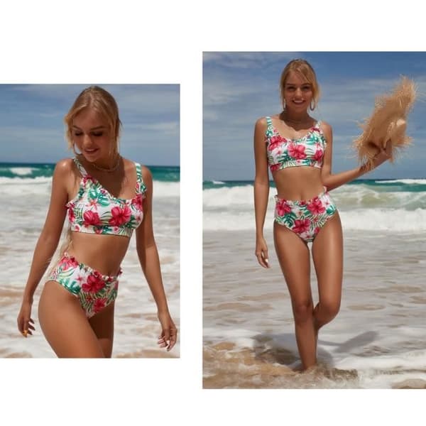 Bikini för damer - Blommigt tryck - Märke - Modell - Volangsnörning - Vit White l