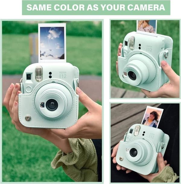 PU läderfodral - Instax Mini 12 - Grön - Mjukt foder - Avtagbar axelrem - Stöttålig