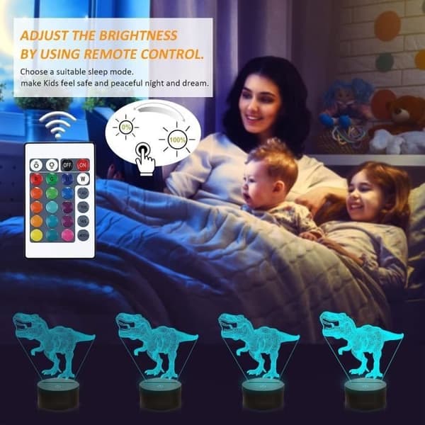 3D illusjon dinosaur nattlys med 16 farger og LED-lys