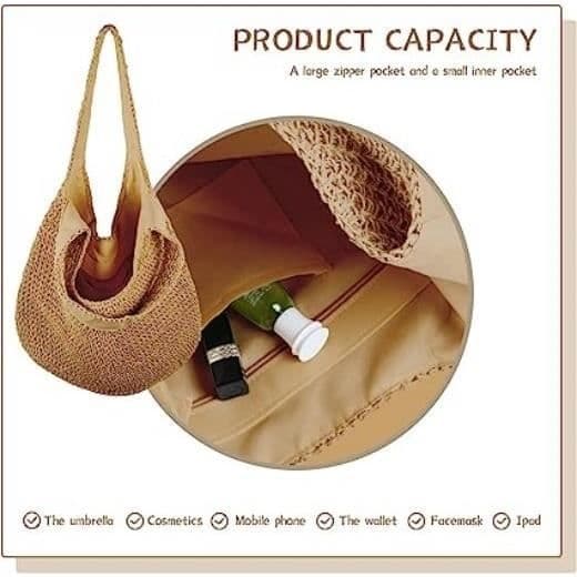 (Khaki) Strandväska - Dam - Halm Hobo - Khaki - 44x32x2 cm - Polyesterfoder Khaki