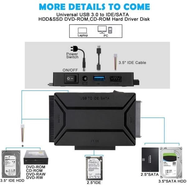 USB 3.0 til IDE SATA Adapter - ZGEER - for 2.5\" 3.5\" HDD SSD - Svart