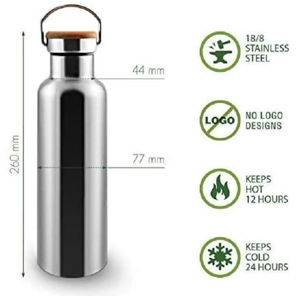Vandflaske - Rustfrit stål - 750 ml - Miljøvenlig - Genanvendelig - Rustfrit stål