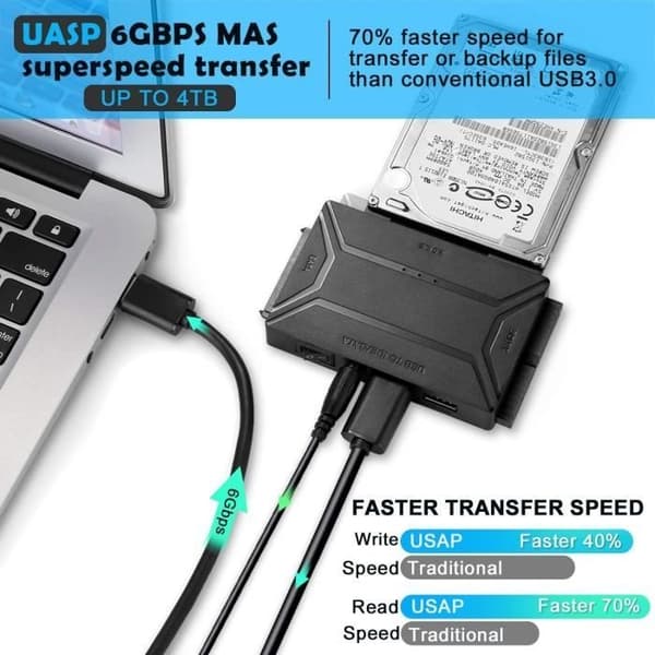 USB 3.0 - IDE SATA -sovitin - ZGEER - 2.5\" 3.5\" HDD SSD -levyille - Musta