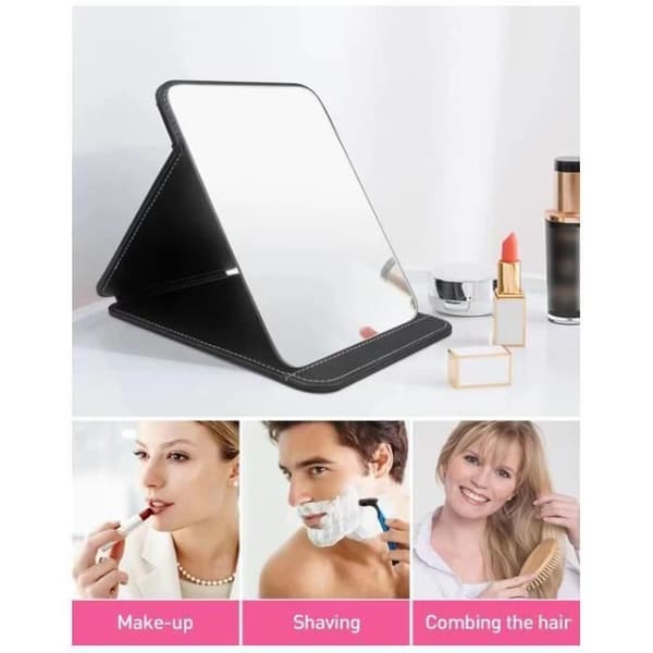 Makeup Spejl - Bærbart - Sammenklappeligt Læderbordsspejl - Sort - 20,5*15,5 cm