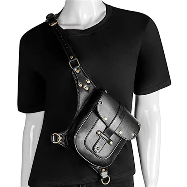 (Sort) Mavebæltetaske - PU Læder - Punk Stil - Sort Black