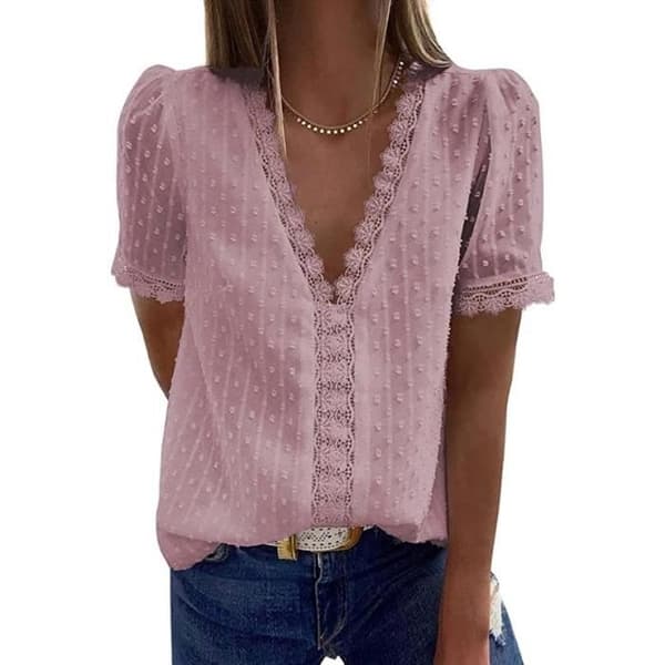 Spetsblus för damer V-ringad - Kortärmad sommarfritids Spets Jacquard Tunika Rosa Blus Pink l