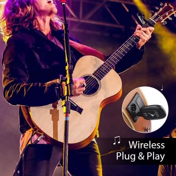 Trådløst gitarsystem med oppladbar 2,4 GHz digital gitarsender og -mottaker, 4 kanaler for elektrisk gitar