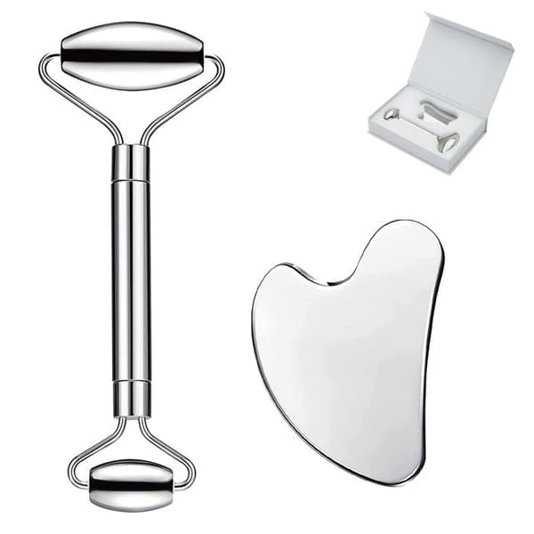 Gua Sha sæt og rulle til ansigtsmassage i rustfrit stål til massage af ansigt, øjne og nakke.