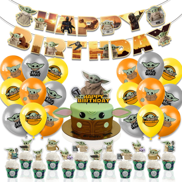Grattis på födelsedagen Banner Dekorationer Ballonger Tårta Topper för barn Orange Silver Gul Star Wars The Mandalorian Baby Yoda