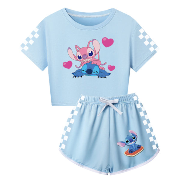 Barn Tecknad Stitch Tryckta Kläder Set T-shirt Shorts Pyjamas Sovkläder Loungekläder Sommar Casual Träningsdräkt Light Blue 110cm
