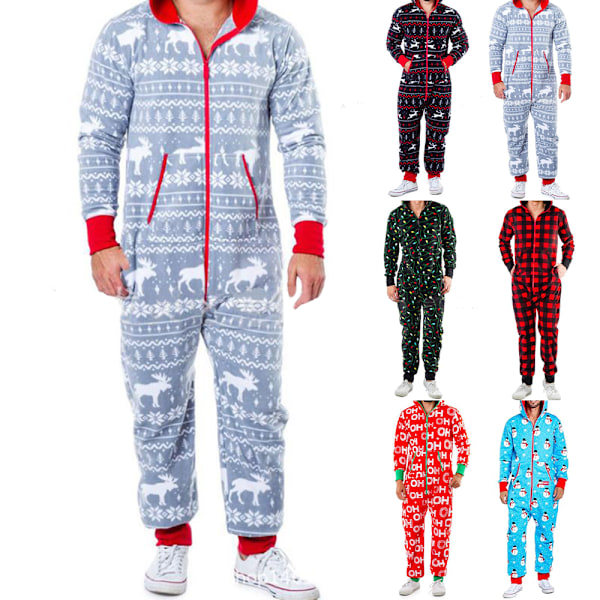 Män's Byxor Dragkedja Huva Långärmad Dam Jul Tryckt Jumpsuit Pyjamas Rollbacks E M