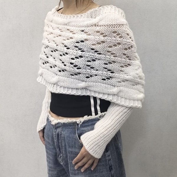 Dam Scarf, Stickad Kabelomslag, Multifunktionell Stickad Virkad Stickad Kokong Sjal med Ärmar White