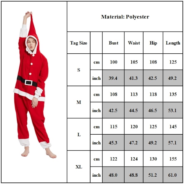 Unisex Jultomte Dräkt för Vuxna - Plüsch Onesie Santa En-Delad Huvad Pyjamas L