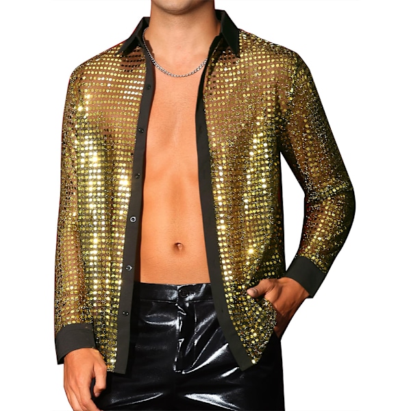 Miesten kiiltävät paljetit Esityspaita Disco-tanssipaita Pitkähihainen napitettava retro 70-luvun paita Gold M