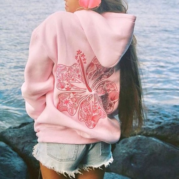 Palm Puff Överstora Hoodies för Kvinnor, Tonårsflickor Preppy Sweatshirt Långärmad Y2K Grafisk T-shirt med Fickor Pink 2XL