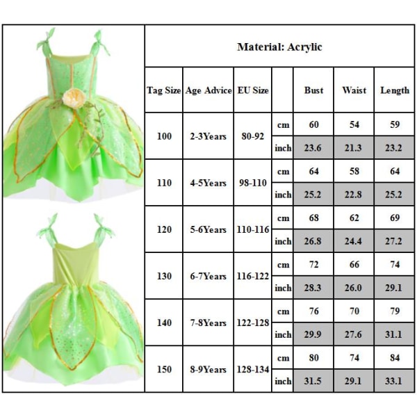 Prinsesskjol Halloween Grön Barn Aisha Fairy Princess Klänning 150cm