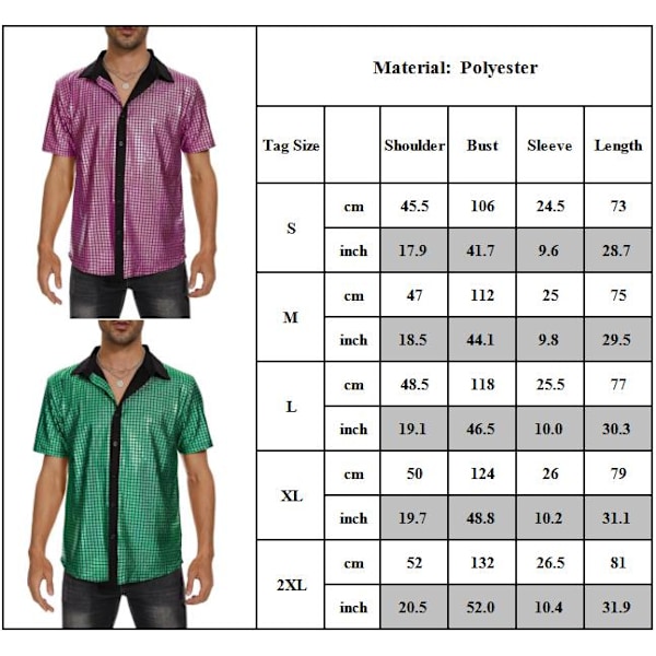 Herrarnas 70-tal 80-tal Glittrande Sekvens Skjortor Metallisk Festdräkt Kortärmad Knapp-Ner Skjorta Rolig Nattklubb T-shirt Green XL