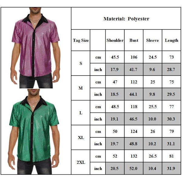 Herrarnas 70-tal 80-tal Glittrande Sekvens Skjortor Metallisk Festdräkt Kortärmad Knapp-Ner Skjorta Rolig Nattklubb T-shirt Grey 2XL