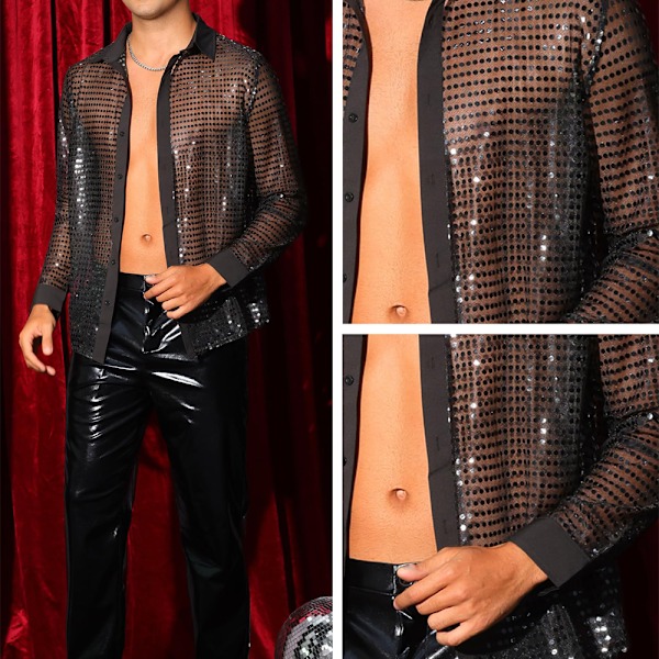 Miesten kiiltävät paljetit Esityspaita Disco-tanssipaita Pitkähihainen napitettava retro 70-luvun paita Black 2XL