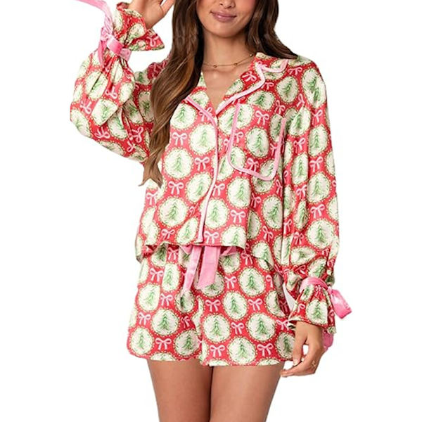 Dam 2-delad Julpyjamas Set med Fluga Långärmad Skjorta Rynkad Shorts Färgglada Tomtetryck Pyjamas Set Red M