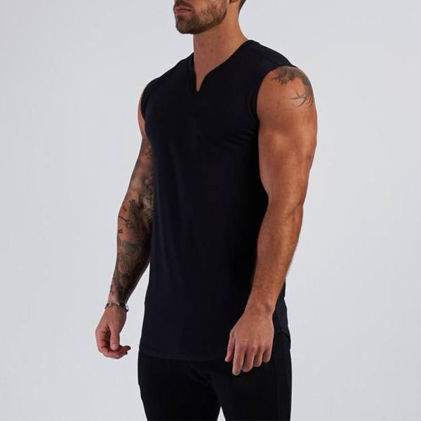 Män V-halsväst Tank ärmlös Casual Muscle T-Shirt Toppsporter black L