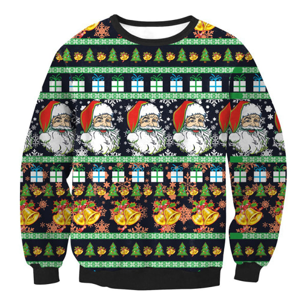 Jul 3D Print Ugly långärmad tröja T-shirt Pullover Xmas Top Black Santa Claus M