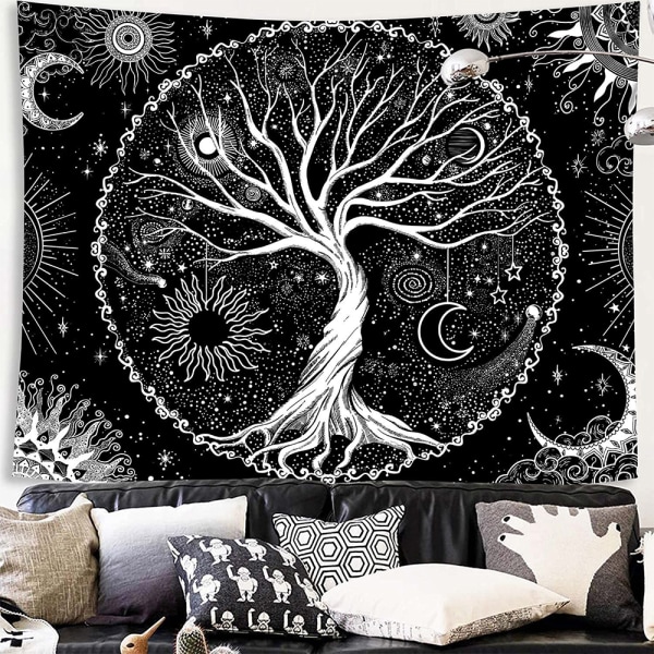 Svart Vit Geometrisk Abstrakt Livsträd Tapestry Väggdekor 150*100cm