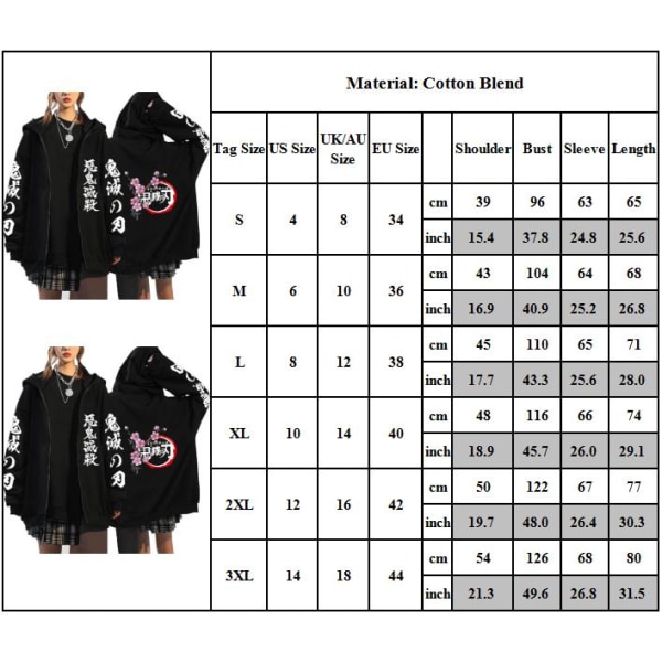 Kvinnor Anime Demon Slayer Print Dragkedja Sweatshirt Kappa Jacka Hooded Top Hoodies 2XL