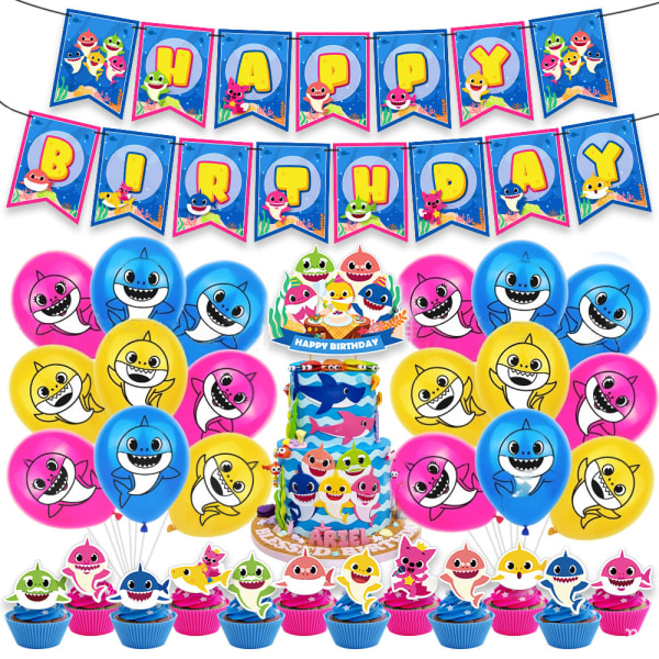 Tecknad haj familj födelsedagsfest dekoration ballonger Banner Toppers Set