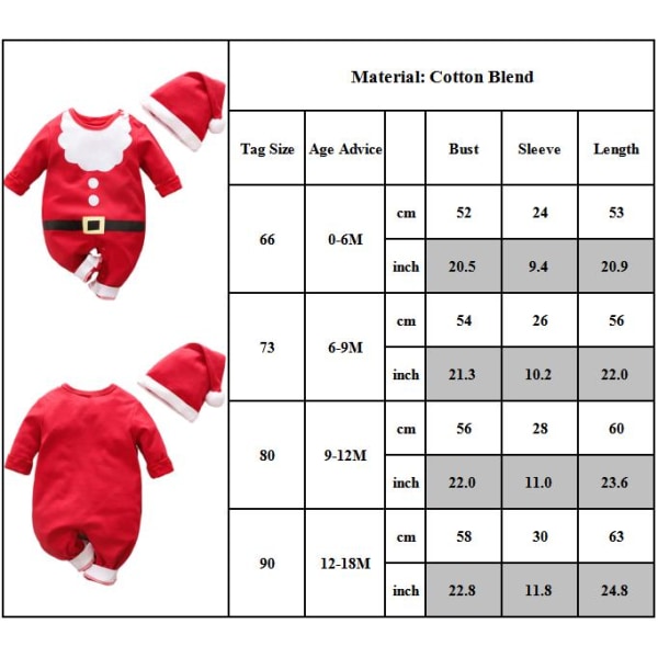 Baby jul outfit Santa Claus Romper Jumpsuit Hat Xmas Set 80cm