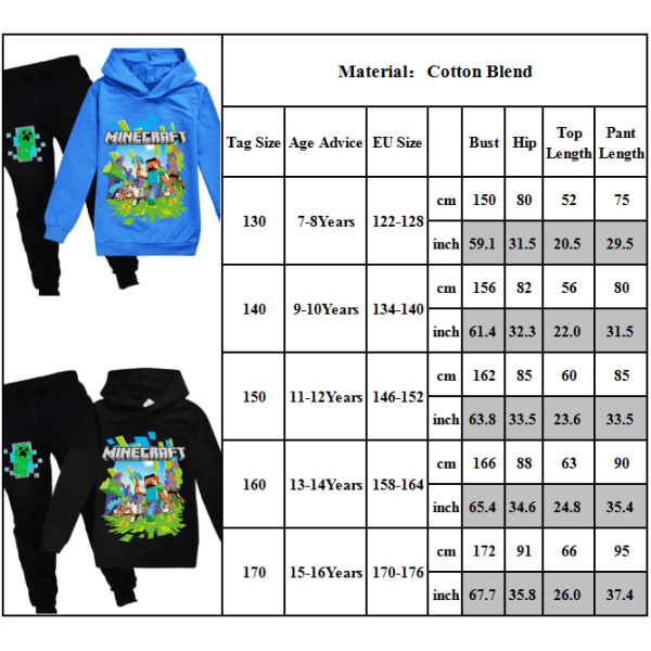 Minecraft Träningsset Barn Pojkar Flickor Hoodies + Byxor Outfits 2# Blå 15-16 år = EU 170-176