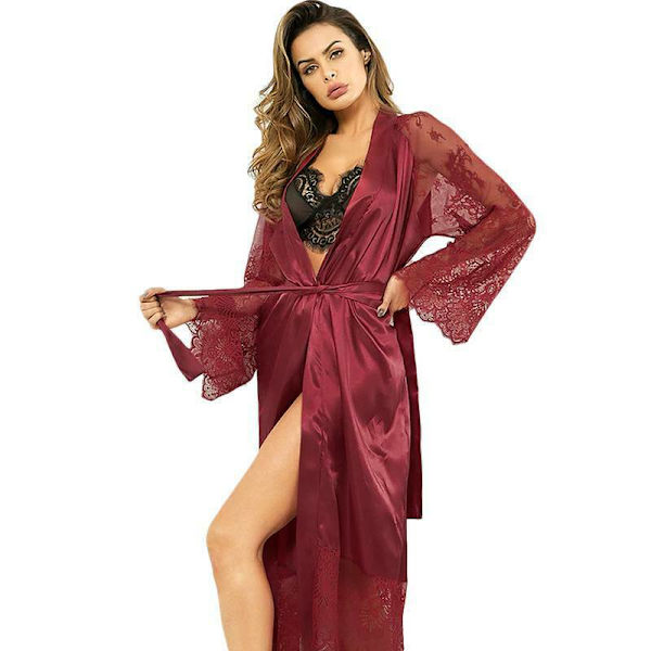 Dam Silkeslen Spets Sexig Underkläder Robes Lace Up Nattkläder Wine Red M